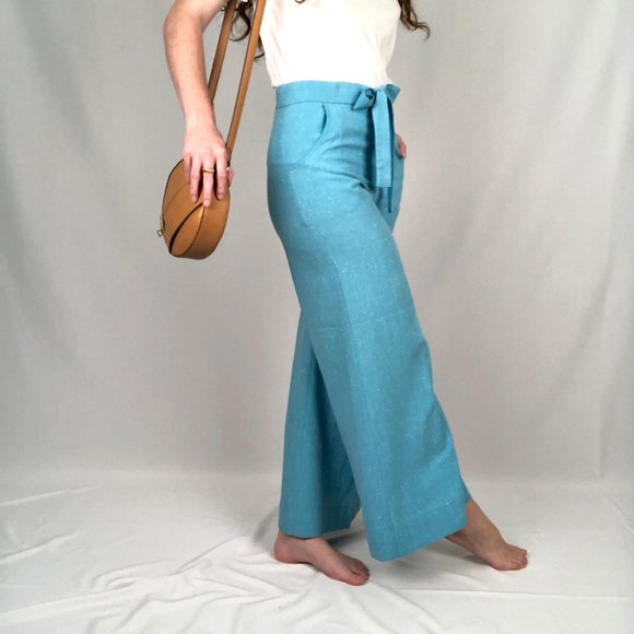 Vintage 70s Linen High Rise Flare Wide Leg Belted Bell Botton Blue Trouser Pants - Picture 3 of 8